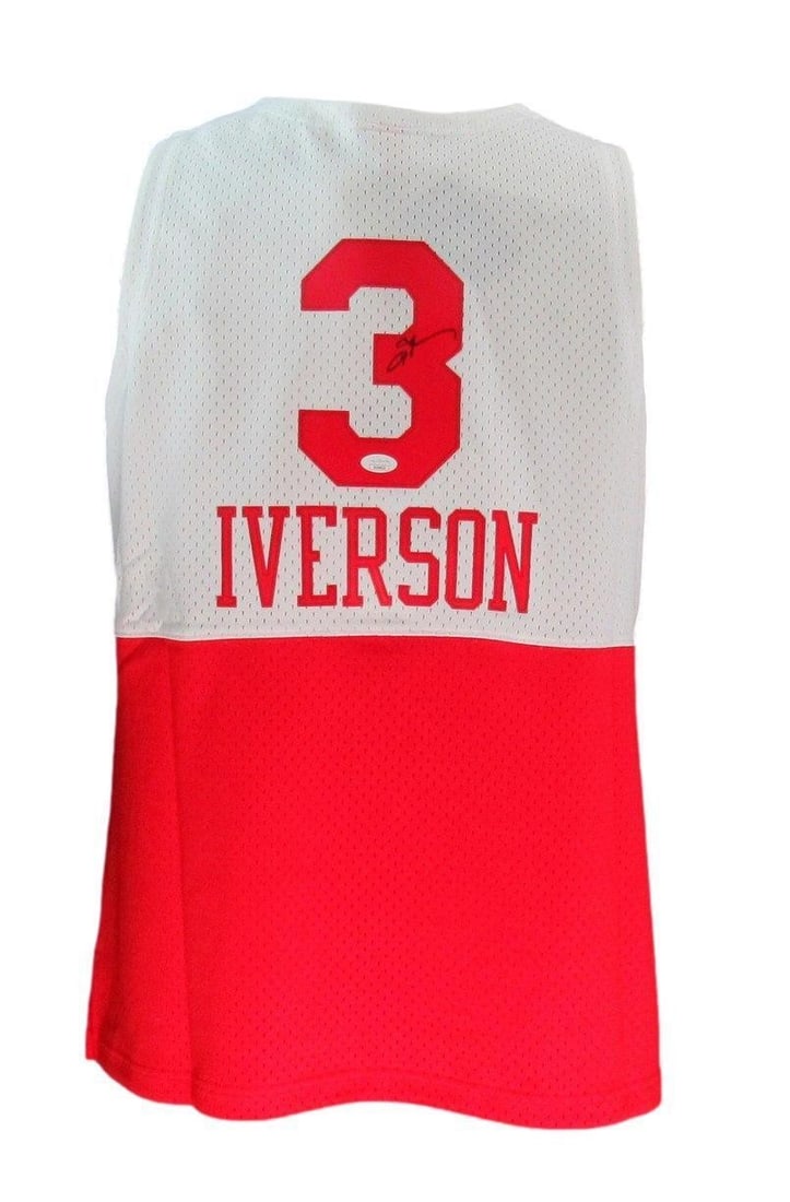 Allen Iverson HOF Autographed White/ Red Mitchell & Ness Jersey 76ers JSA 181850: Allen Iverson HOF Autographed White/ Red Mitchell & Ness Jersey 76ers JSA 181850 Authentic Allen Iverson HOF Autographed White/Red Mitchell & Ness Jersey from the Philadelphia 76ers, bearing a JSA aut