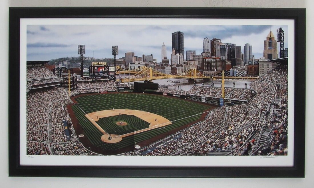 Pirates PNC Park Oversized Stadium Lithograph Framed Print: Pirates PNC Park Oversized Stadium Lithograph Framed Print Signed Oversized Lithograph of PNC Park, the home stadium of the Pittsburgh Pirates, framed and ready for display. This unique piece captures