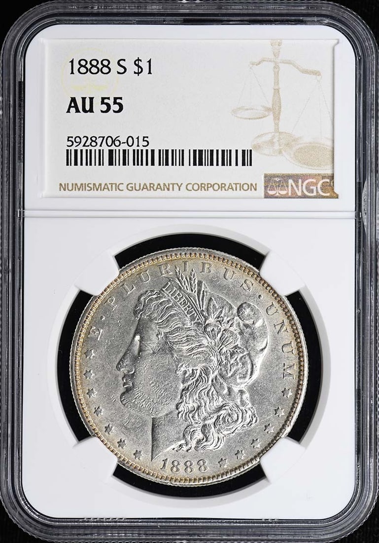 1888-S Morgan Dollar S$1 NGC AU55: 1888-S Morgan Dollar S$1 NGC AU55 The 1888-S Morgan Dollar S$1 NGC AU55 is a circulated example of this iconic coin, graded AU55 by the Numismatic Guaranty Corporation (NGC). Its San Francisco mint ma
