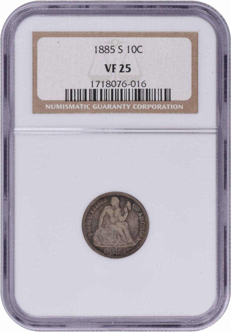 1885-S Liberty Seated Silver Dime VF25 NGC: 1885-S Liberty Seated Silver Dime VF25 NGC The 1885-S Liberty Seated Silver Dime is a rare and historic coin, featuring Seated Liberty on the obverse and a wreathed eagle on the reverse. Certified by 
