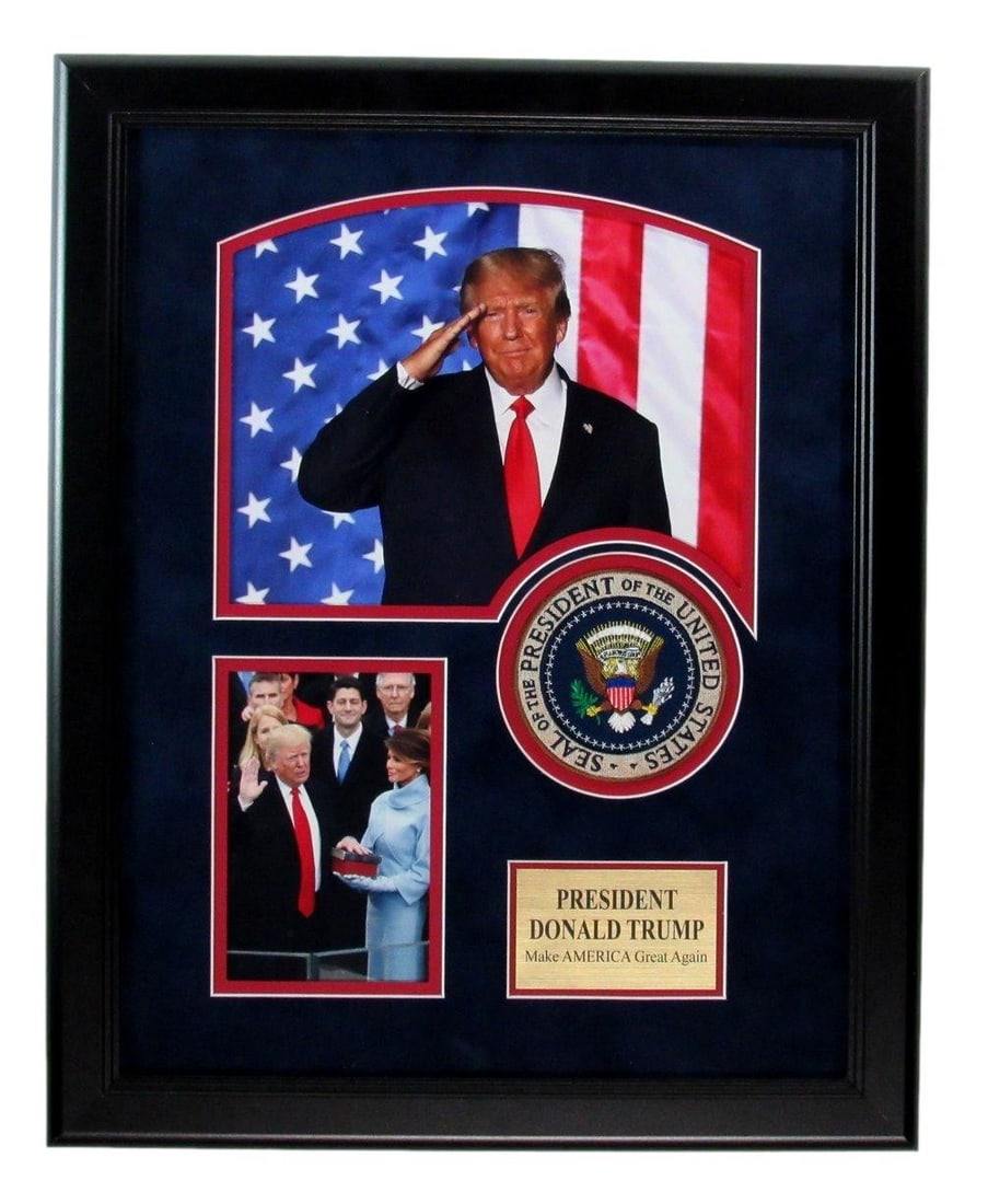 Donald Trump Photo Collage with Presidential Seal UNSIGNED Framed 187246: Donald Trump Photo Collage with Presidential Seal UNSIGNED Framed 187246 Signed by Donald Trump, this unique photo collage features the Presidential Seal, presented in an UNSIGNED FRAMED 3x5 format. T