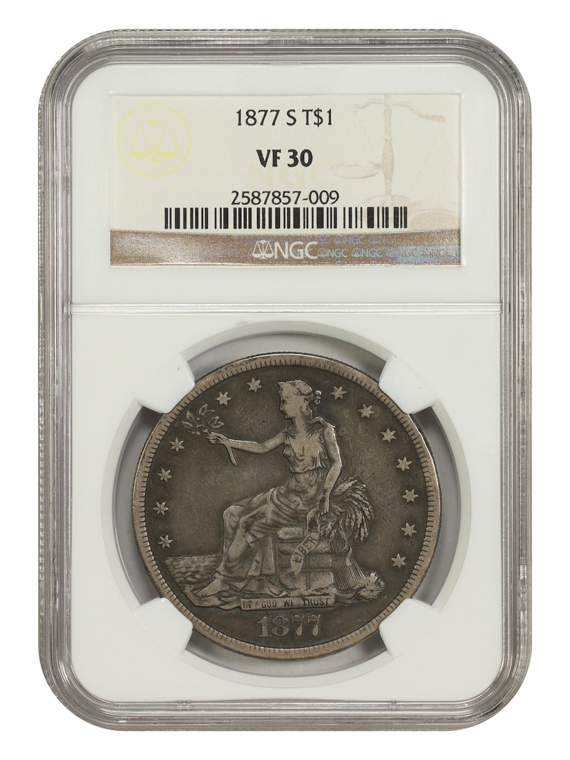 1877-S Trade $1 NGC VF30 - Trade Dollar - Great Type Coin: 1877-S Trade $1 NGC VF30 - Trade Dollar - Great Type Coin 1877-S Trade $1 NGC VF30 - A circulated Trade Dollar from the San Francisco Mint, bearing the distinctive 1877-S mint mark. This coin features