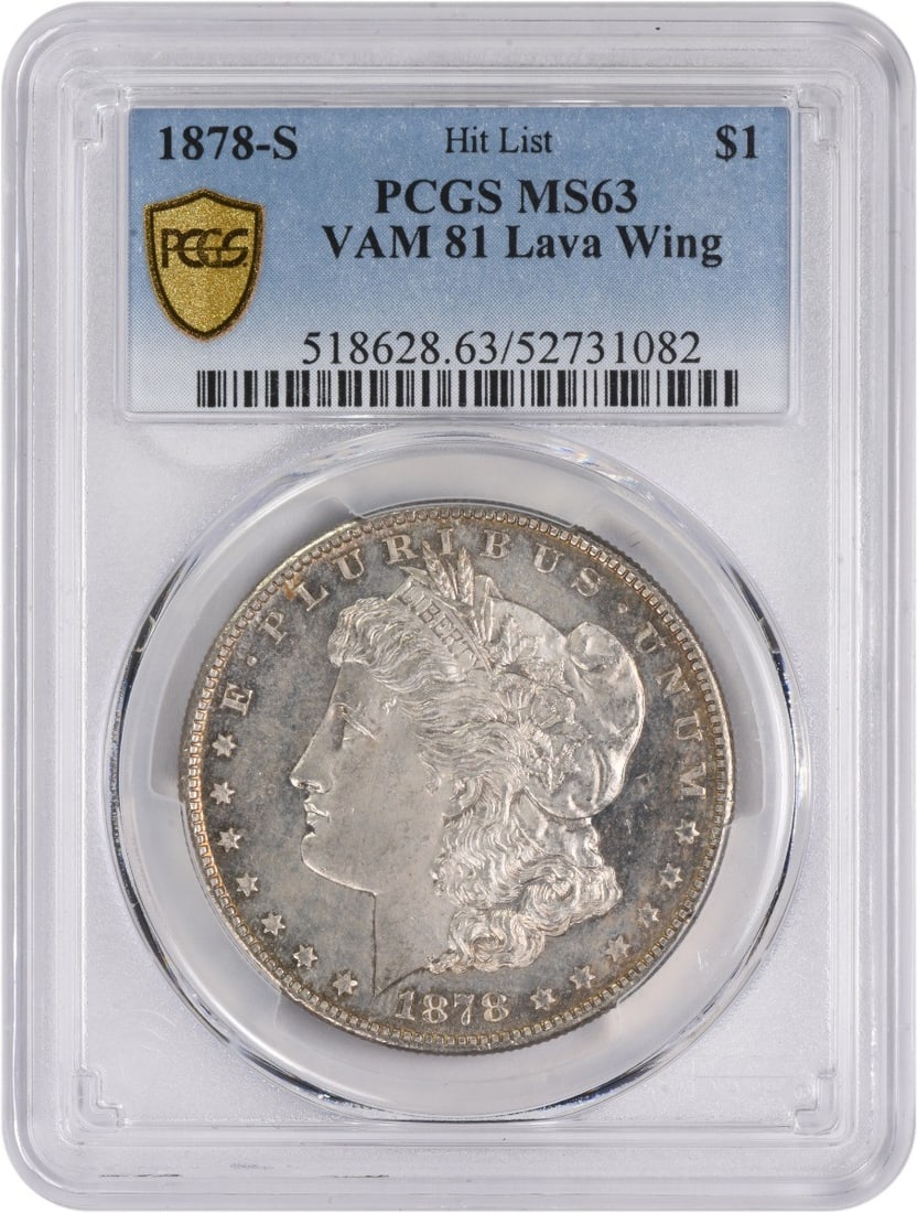 1878-S VAM 81 Morgan Silver Dollar Lava Wing MS63 PCGS: 1878-S VAM 81 Morgan Silver Dollar Lava Wing MS63 PCGS The 1878-S VAM 81 Morgan Silver Dollar is a highly detailed and well-preserved coin, graded MS63 by PCGS. Its unique characteristics, including t