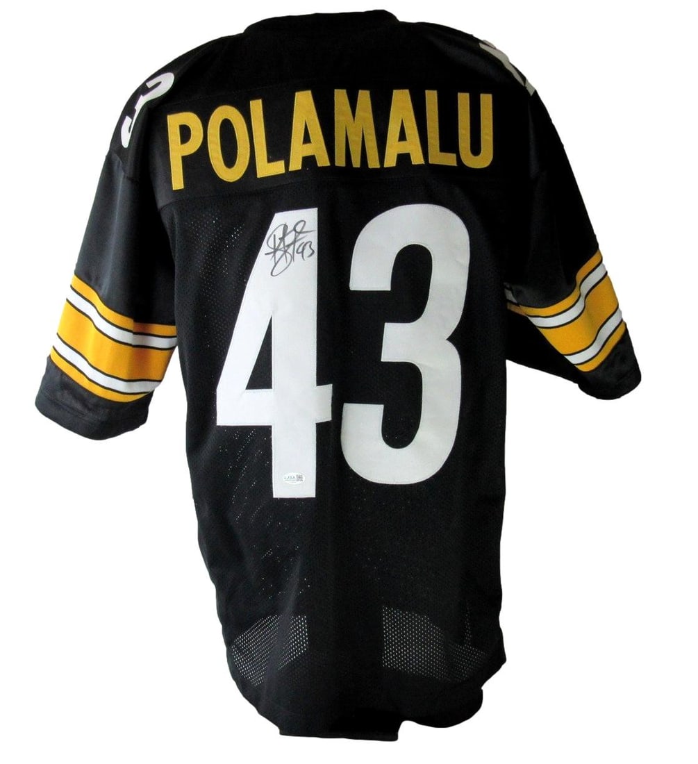 Polamalu Signed HOF Football Jersey Steelers Custom JSA 207784: Polamalu Signed HOF Football Jersey Steelers Custom JSA 207784 Authentic Polamalu Signed HOF Football Jersey from the Pittsburgh Steelers, verified by James Spence Authentication (JSA), bears the sign