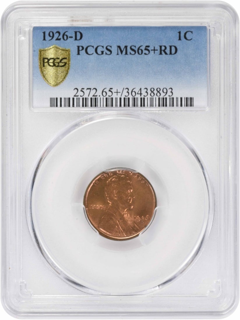 1926-D Lincoln Cent MS65+RD PCGS: 1926-D Lincoln Cent MS65+RD PCGS The 1926-D Lincoln Cent MS65+ RD PCGS is a highly graded circulated coin with a strong RD designation, indicating its condition and rarity. Certified by PCGS, this coi