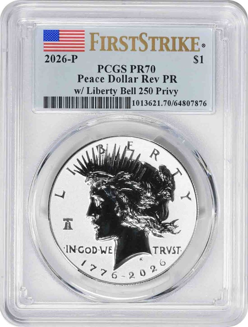2026-P Peace Silver Dollar w/ Liberty Bell 250 Privy Reverse Proof PR70 FS PCGS: 2026-P Peace Silver Dollar w/ Liberty Bell 250 Privy Reverse Proof PR70 FS PCGS The 2026-P Peace Silver Dollar with Liberty Bell 250 Privy Reverse Proof PR70 FS PCGS is a stunning example of numismati