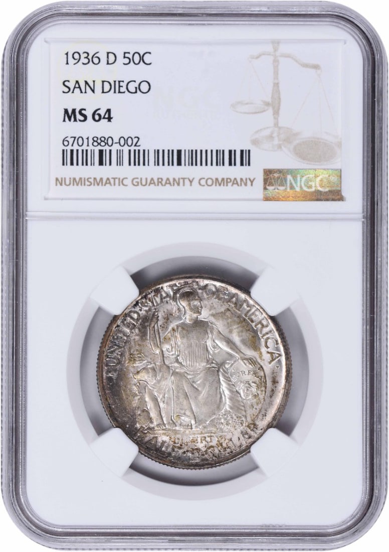 San Diego Commemorative Silver Half Dollar 1936-D MS64 NGC: San Diego Commemorative Silver Half Dollar 1936-D MS64 NGC The San Diego Commemorative Silver Half Dollar 1936-D MS64 NGC is a rare and highly detailed commemorative coin, featuring the iconic city of