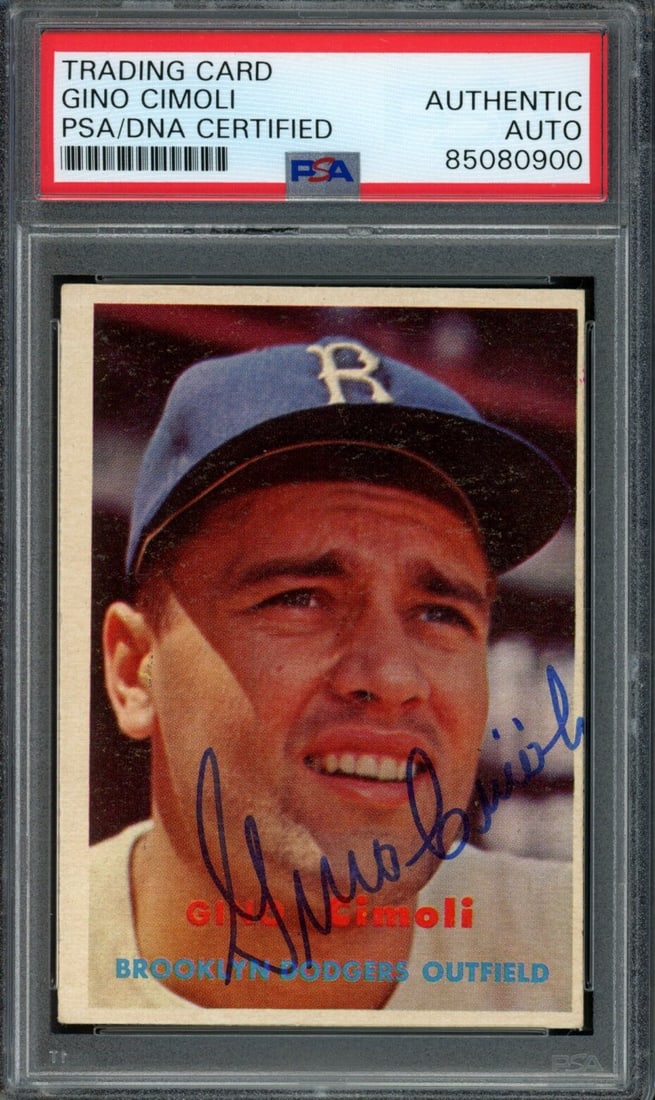 Signed Gino Cimoli 1957 Topps Card Dodgers PSA DNA 319: Signed Gino Cimoli 1957 Topps Card Dodgers PSA DNA 319 Signed by Gino Cimoli, a 1957 Topps card of the Dodgers, this PSA/DNA 1 Signed card is a rare and unique piece of baseball history. The card feat