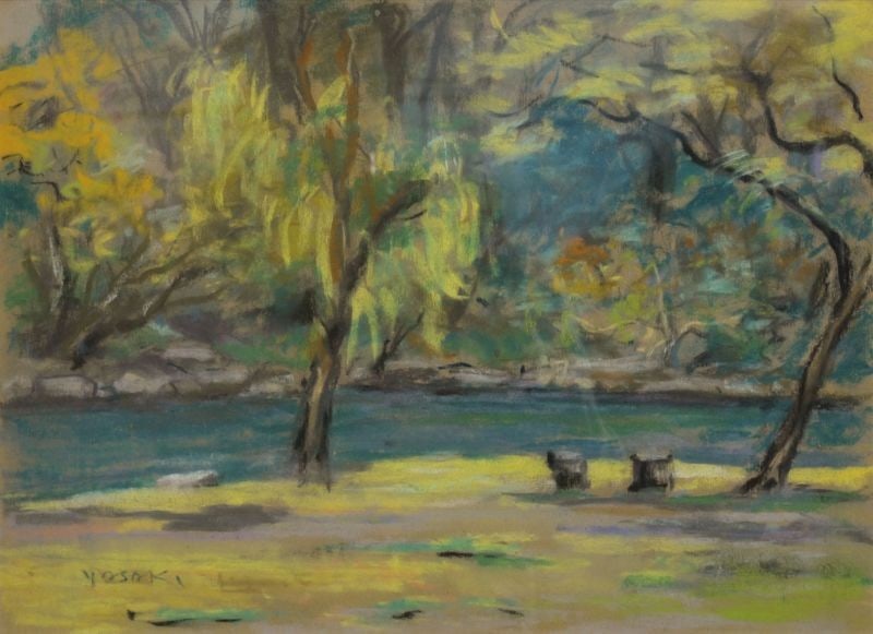 Chiyoji Yazaki Pastel Drawing Park Morning Framed Japanese Yoga Art Landscape: Chiyoji Yazaki Pastel Drawing Park Morning Framed Japanese Yoga Art Landscape Item Specifics: Artist: Chiyoji Yazaki Subject: Park Landscape at Morning Material: Pastel on paper Style: Japanese Year O