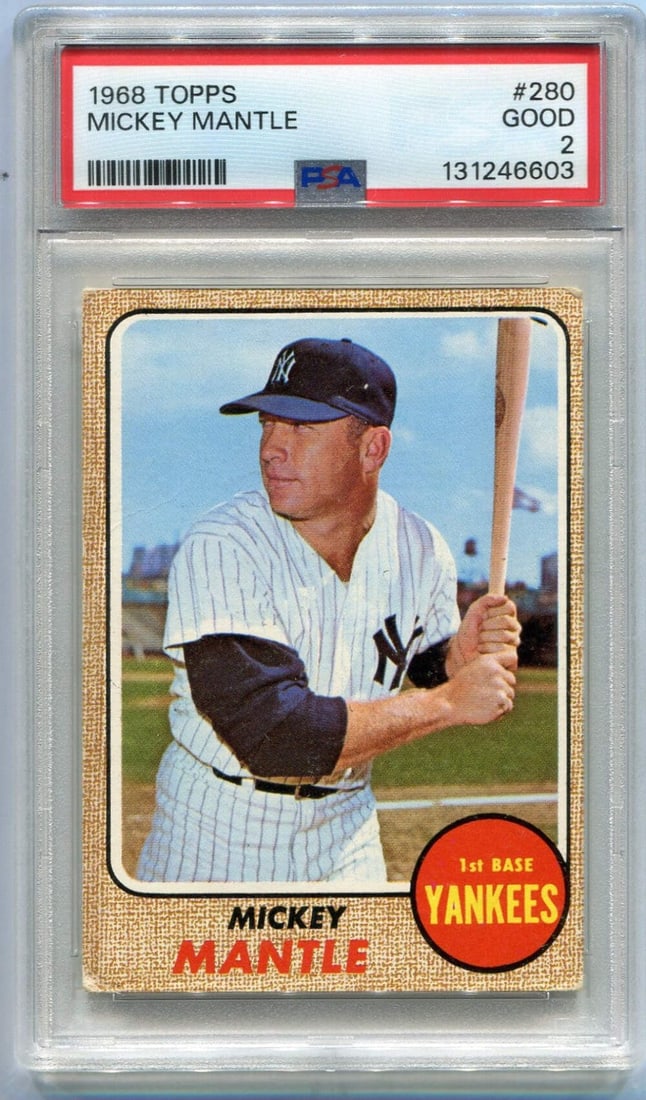Mickey Mantle 1968 Topps Card 280 PSA Graded 2: Mickey Mantle 1968 Topps Card 280 PSA Graded 2 Mickey Mantle 1968 Topps Card #280 is a highly graded PSA 2, showcasing the iconic baseball legend in his prime. Graded by the Professional Sports Authen
