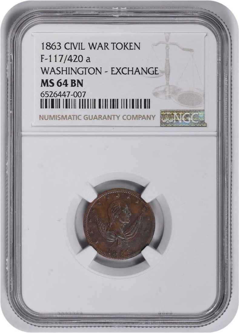 Civil War Token Washington Exchange 117/ 420a MS64BN NGC: Civil War Token Washington Exchange 117/ 420a MS64BN NGC Item Specifics: Circulated/Uncirculated: Uncirculated Product Disclaimer: Grades are third-party opinions; authenticity is guaranteed. Bullion 
