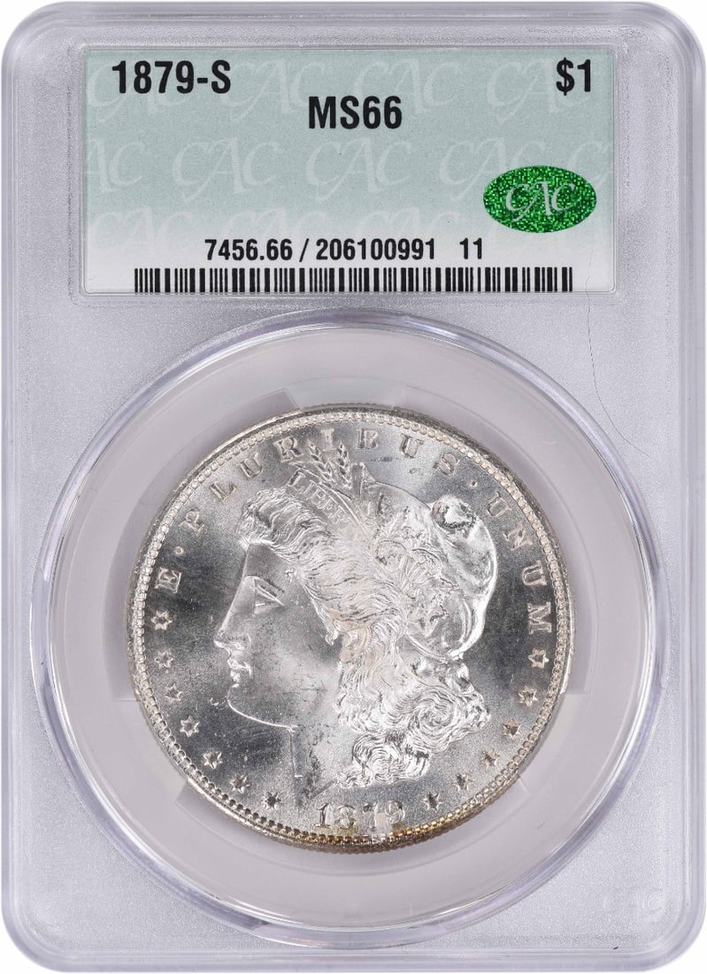 1879-S Morgan Silver Dollar MS66 CACG: 1879-S Morgan Silver Dollar MS66 CACG The 1879-S Morgan Silver Dollar MS66 CACG is a highly detailed and well-crafted coin, featuring a reeded edge and a distinctive mint mark. Certified by the CACG, 