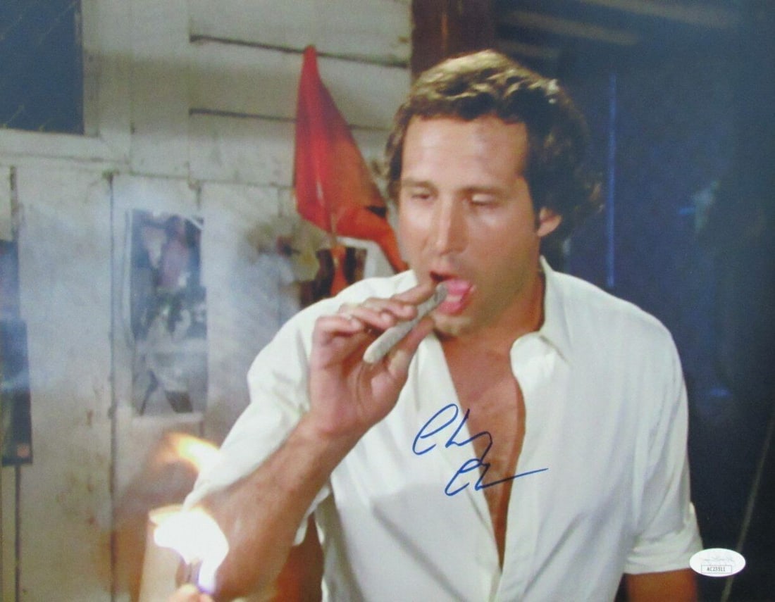 Caddyshack Autographed 11x14 Photo Chevy Chase: Caddyshack Autographed 11x14 Photo Chevy Chase Chevy Chase's iconic smile is captured in this 11x14 photo, bearing his signature. The image is an original, verified by JSA, and is a must-have for fans