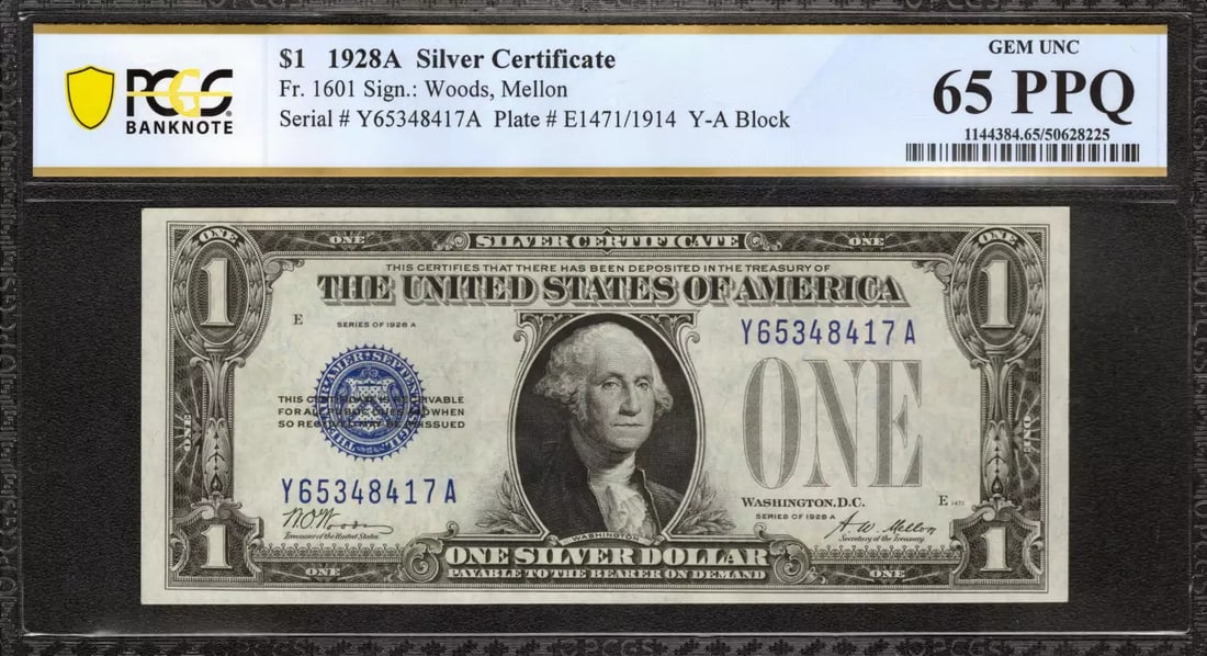 $1 SILVER CERTIFICATE 1928 FR.1601 Y-A BLOCK PCGS UNC 65 PPQ: $1 SILVER CERTIFICATE 1928 FR.1601 Y-A BLOCK PCGS UNC 65 PPQ The 1928 $1 Silver Certificate, graded 65 PPQ by PCGS, is a highly detailed and certified example of this circulated denomination. Featurin
