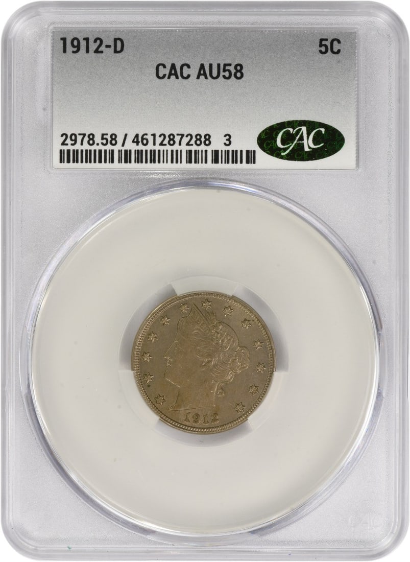 Nickel Liberty 1912 AU58 CACG: Nickel Liberty 1912 AU58 CACG The Nickel Liberty 1912 AU58 CACG is a circulated coin featuring the iconic design of Charles E. Barber, with its 75% copper and 25% nickel composition. Mintage of 8,474,