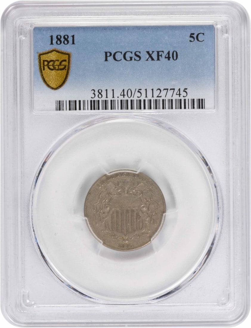 Shield Nickel 1881 PCGS EF40: Shield Nickel 1881 PCGS EF40 This 1881 Shield Nickel is a rare and historic coin, certified by PCGS as EF40. With a mintage of just 68,000, it's a highly sought-after collector's item. Its unique desi