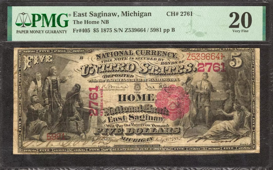 HOME 1875 $5 BANKNOTE CURRENCY MICHIGAN SAGINAW EAST PMG 20 VF (1 of 2)