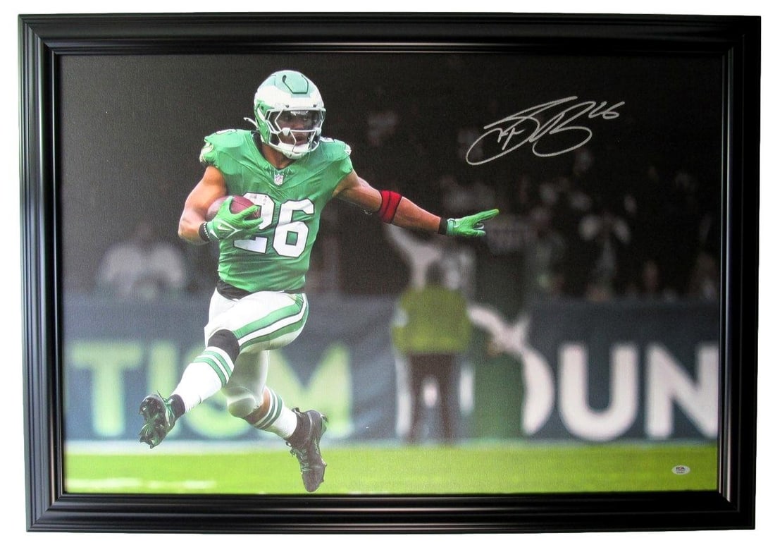 Saquon Barkley Eagles Autographed 24x36 Canvas Photo Framed PSA/ DNA 203372: Saquon Barkley Eagles Autographed 24x36 Canvas Photo Framed PSA/ DNA 203372 Item Specifics: Autograph Authentication: PSA/DNA Original/Reprint: Original Product: Photo Sport: Football Team: Philadelph
