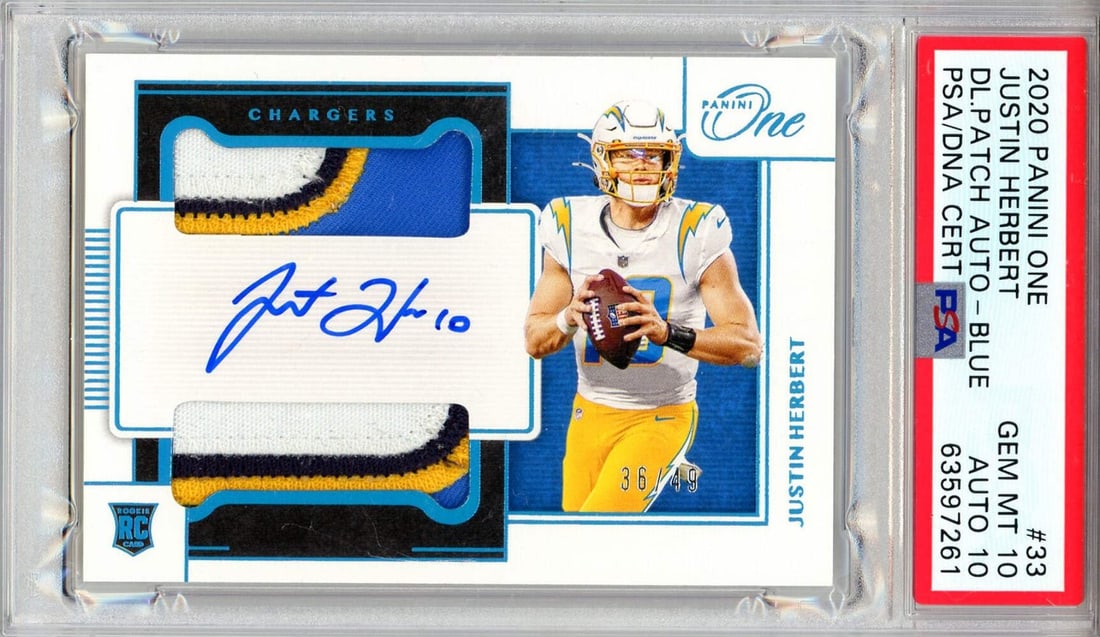 Justin Herbert Autographed 2020 Panini One Dual Patch Blue Rookie Card #33 (PSA (1 of 2)