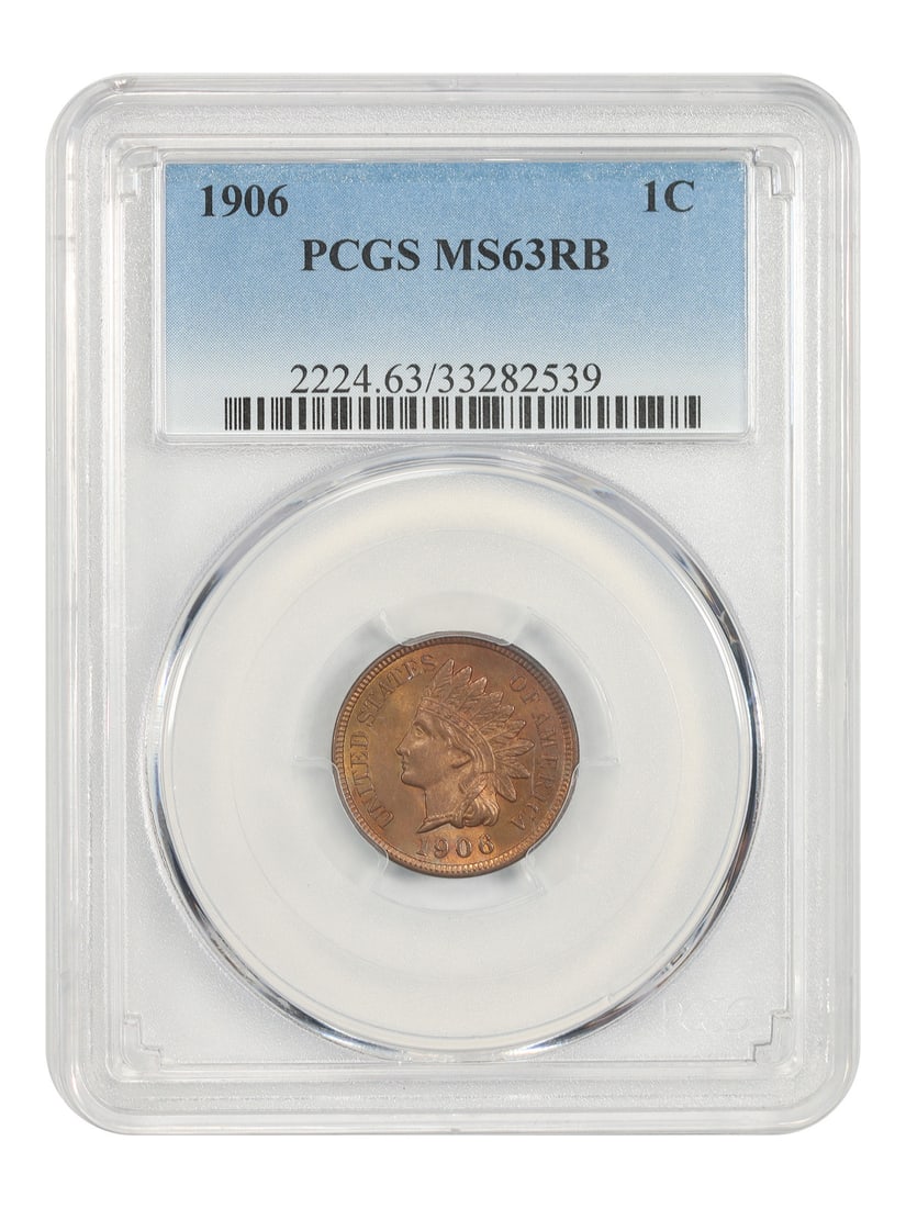 1906 1C PCGS MS63RB - Indian Cent: 1906 1C PCGS MS63RB - Indian Cent The 1906 Indian Cent is a highly detailed and ornate coin, featuring a striking RB coloration that sets it apart from other coins of its time. Certified MS63RB by PCG