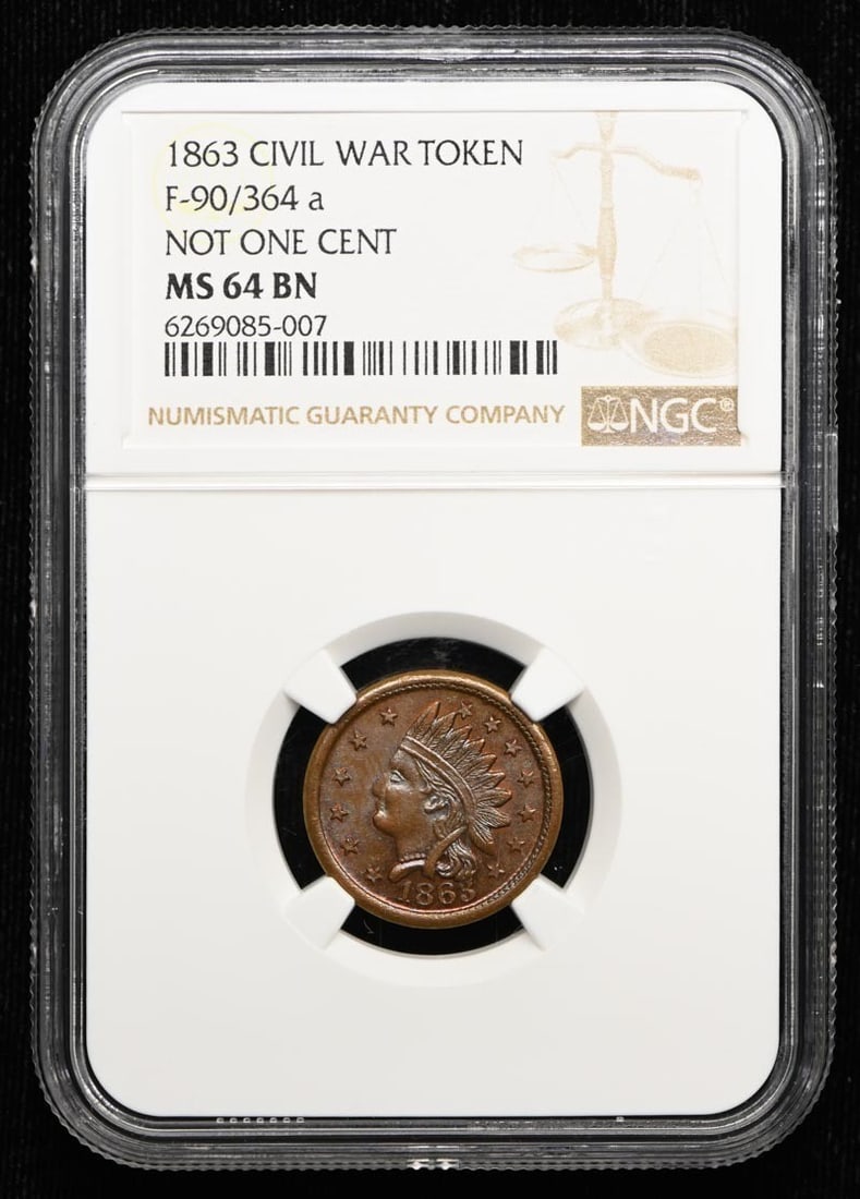 CIVIL WAR F-90 364 MS64BN NGC TOKEN: CIVIL WAR F-90 364 MS64BN NGC TOKEN The F-90 364 MS64BN NGC token is an uncirculated coin from 1863, graded MS64 by the Numismatic Guaranty Corporation (NGC). This token bears the NGC certification nu