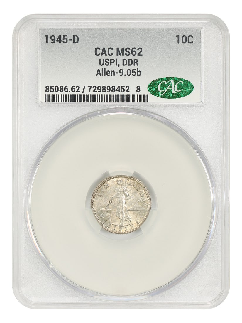 U.S. Philippines: 1945-D 10 Centavos CACG MS62 (DRR, Allen-9.05b): U.S. Philippines: 1945-D 10 Centavos CACG MS62 (DRR, Allen-9.05b) The 1945-D 10 Centavos coin is a rare and highly detailed piece from the Philippines, featuring a Denver mint mark. Certified by CACG 