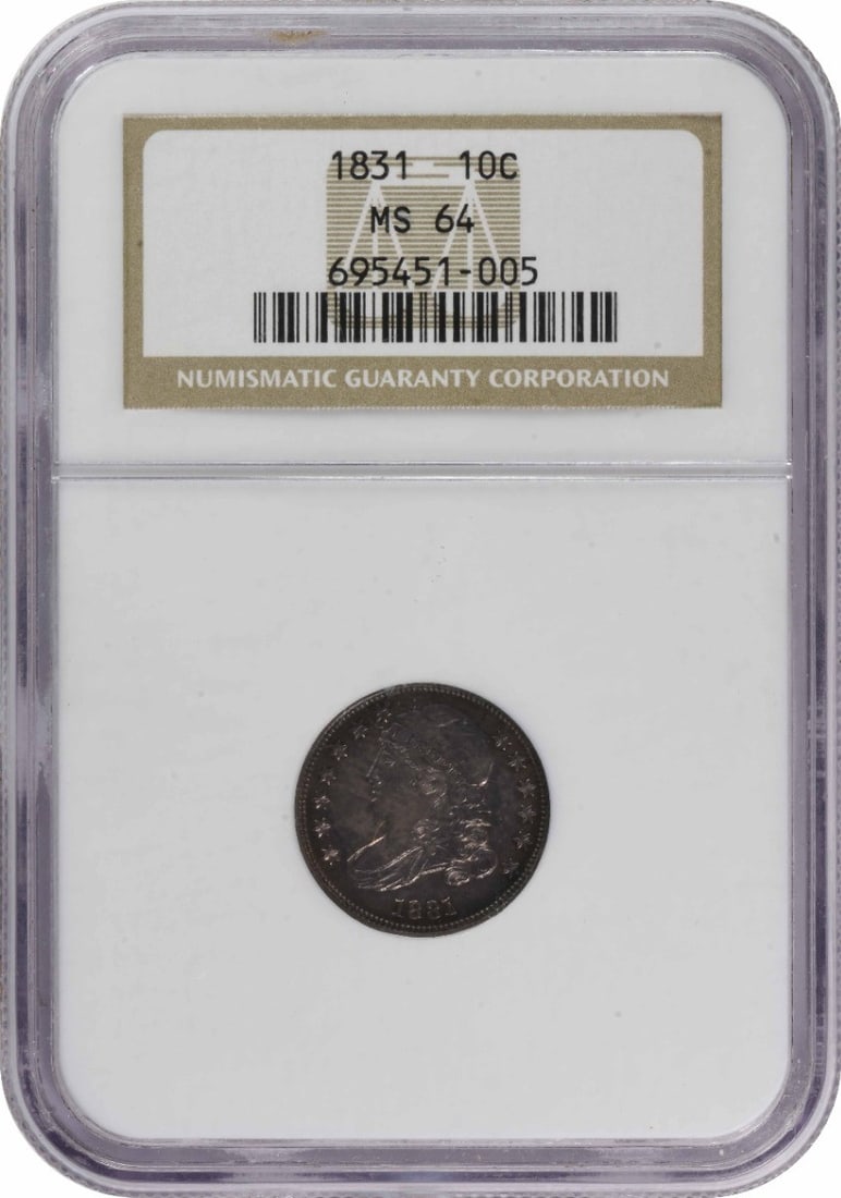 Bust Silver MS64 Dime NGC: Bust Silver MS64 Dime NGC Bust Silver MS64 Dime NGC is a highly detailed and well-crafted coin, featuring the Capped Bust design by renowned artist John Reich. Struck in 1831, this uncirculated coin b