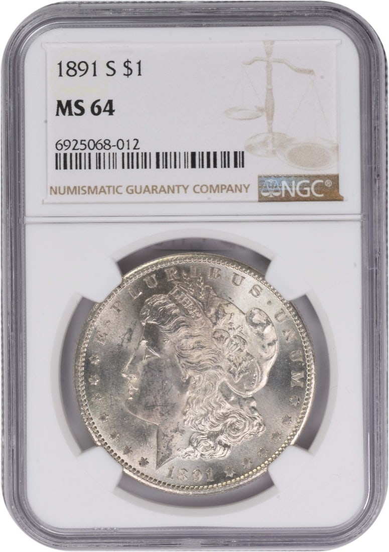 1891-S Morgan Silver Dollar MS64 NGC: 1891-S Morgan Silver Dollar MS64 NGC The 1891-S Morgan Silver Dollar MS64 NGC is a highly detailed and well-preserved coin, boasting a rich silver composition and a distinctive reeded edge. Certified
