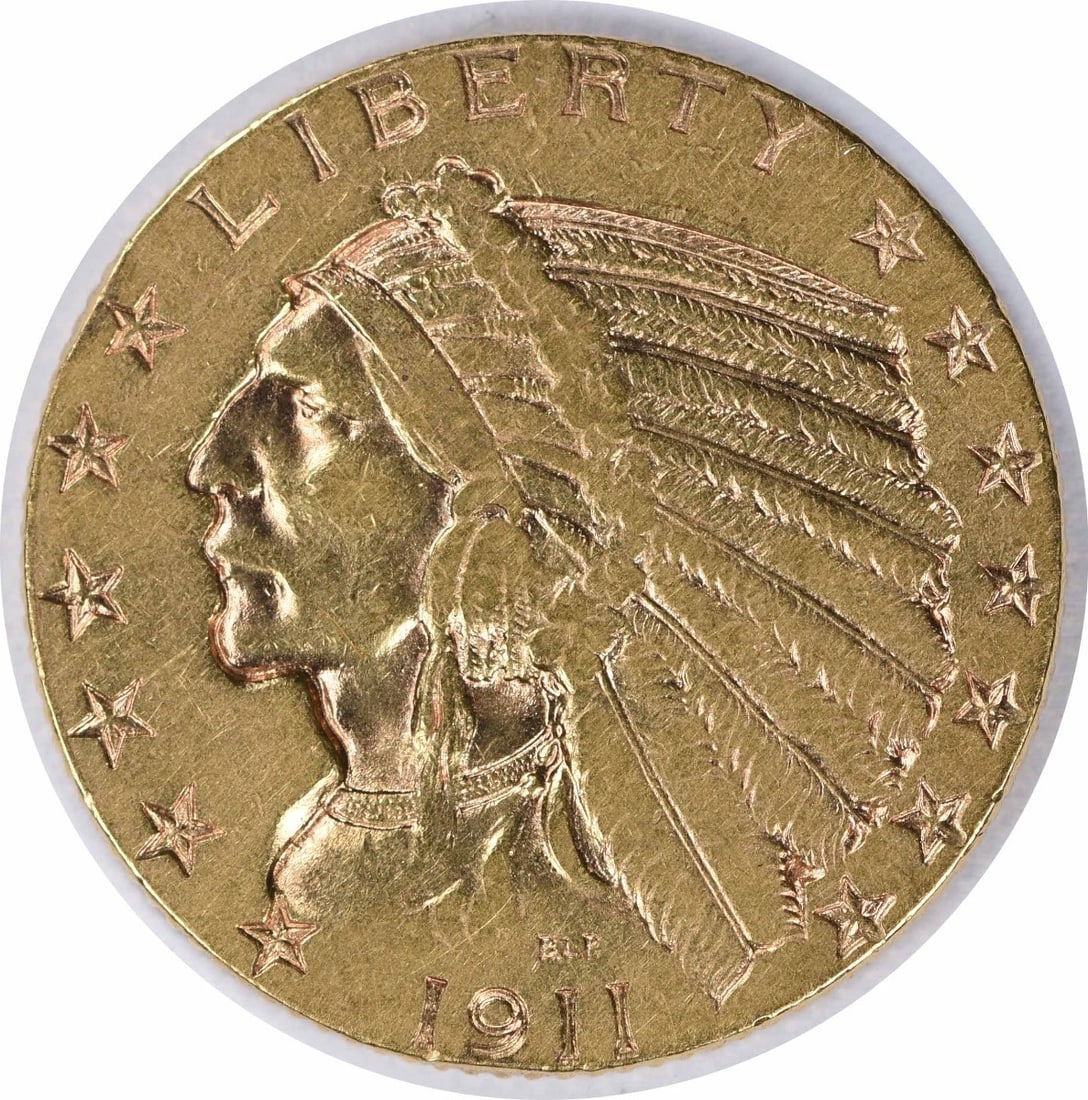 1911-S $5 Gold Indian EF Uncertified: 1911-S $5 Gold Indian EF Uncertified EF Uncertified 1911-S $5 Gold Indian, a circulated example from the San Francisco Mint, boasts a rich gold tone and a well-preserved EF grade. This 1911-S $5 Gold 