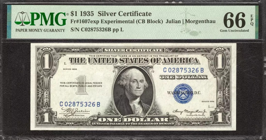 1935 $1 EXPERIMENTAL SILVER CERTIFICATE FR.1607exp C-B BLOCK PMG 66 EPQ (326B) (1 of 2)