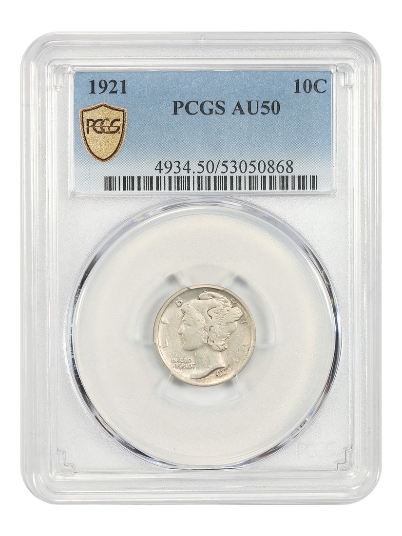 1921 10C PCGS AU50 - Mercury Dime - Key Date: 1921 10C PCGS AU50 - Mercury Dime - Key Date 1921 Mercury Dime, graded AU50 by PCGS, showcases the key date of this highly sought-after coin. Circulated and certified, this coin offers a unique opport