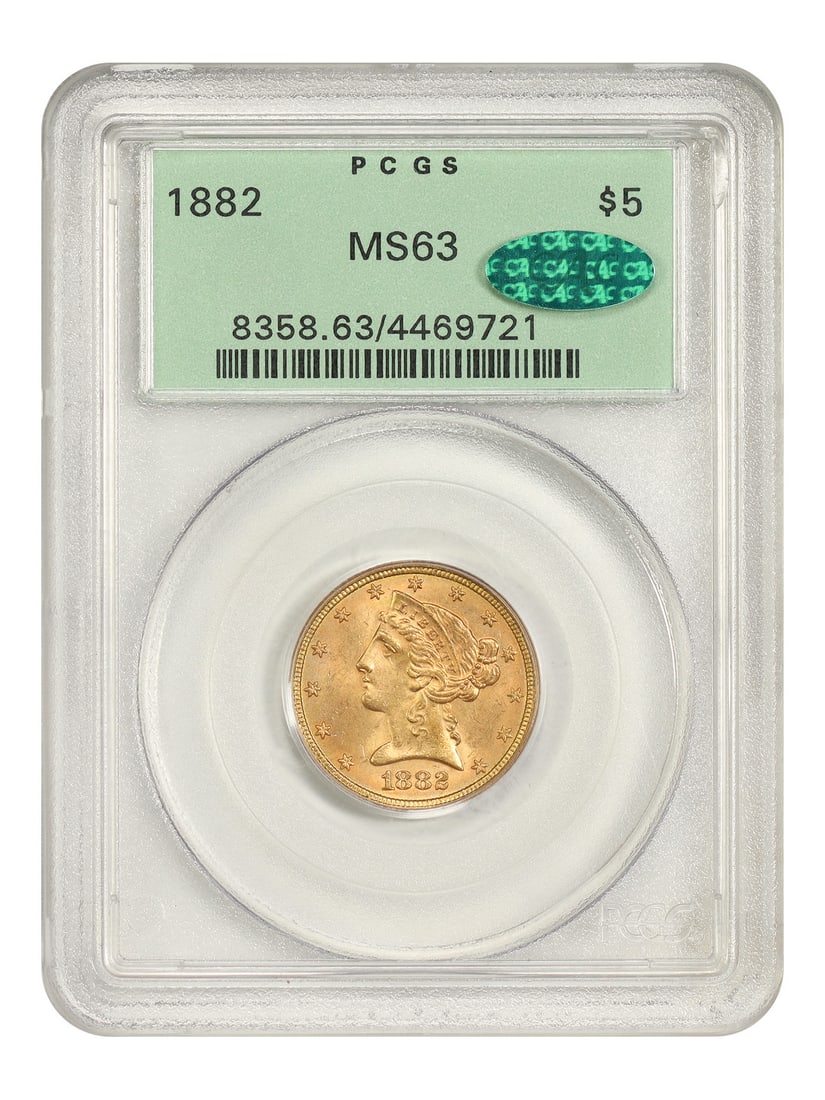1882 $5 PCGS/ CAC MS63 (OGH) - Liberty Head $5 - Old Green Label Holder: 1882 $5 PCGS/ CAC MS63 (OGH) - Liberty Head $5 - Old Green Label Holder The 1882 $5 Liberty Head coin is a rare and highly sought-after piece from the Philadelphia Mint, certified by PCGS as MS63. Thi