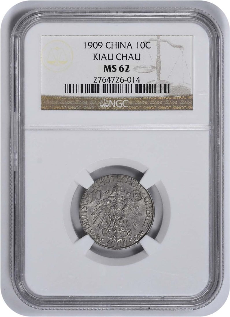 Kiau Chau 10 MS62 NGC Germany 1909: Kiau Chau 10 MS62 NGC Germany 1909 The Kiau Chau 10 MS62 NGC Germany 1909 is a highly graded 10-mark coin from 1909, certified by the Numismatic Guaranty Corporation (NGC) as MS62. This uncirculated c