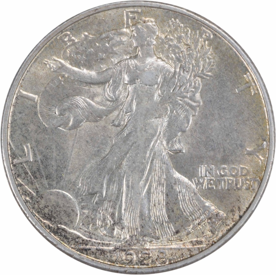 Silver Half Dollar Walking Liberty 1928 AU Uncertified: Silver Half Dollar Walking Liberty 1928 AU Uncertified The 1928 Silver Half Dollar Walking Liberty coin features a striking design by Adolph Alexander Weinman, with its Liberty Walking motif standing 