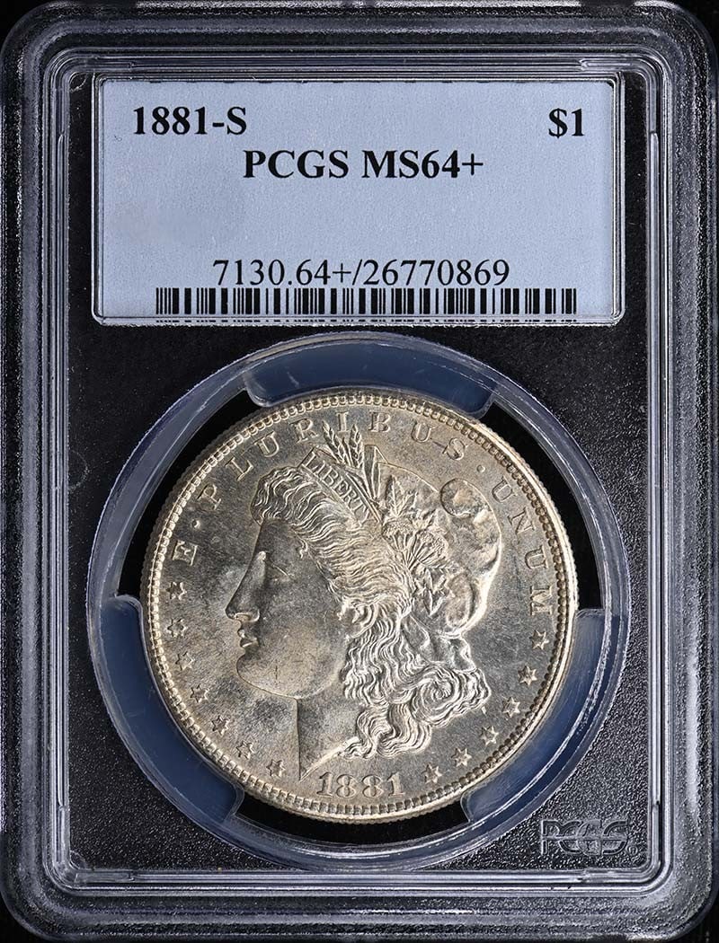 MS64+ Dollar Morgan $1 1881-S: MS64+ Dollar Morgan $1 1881-S MS64+ Dollar Morgan $1 1881-S is a highly graded uncirculated Morgan dollar from the 1881-S San Francisco mint, certified by PCGS. This coin boasts a strong grade of MS64