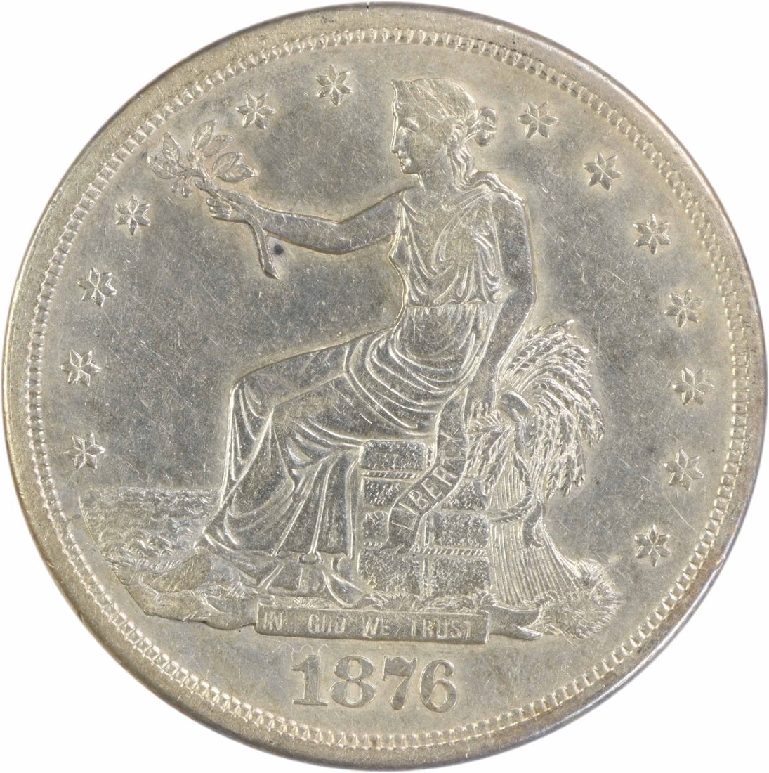 Uncertified EF Trade Silver Dollar 1876-S: Uncertified EF Trade Silver Dollar 1876-S EF grade indicates a high level of detail preservation on this 1876-S Trade Dollar, showcasing its circulated condition. The silver composition and S mint mar