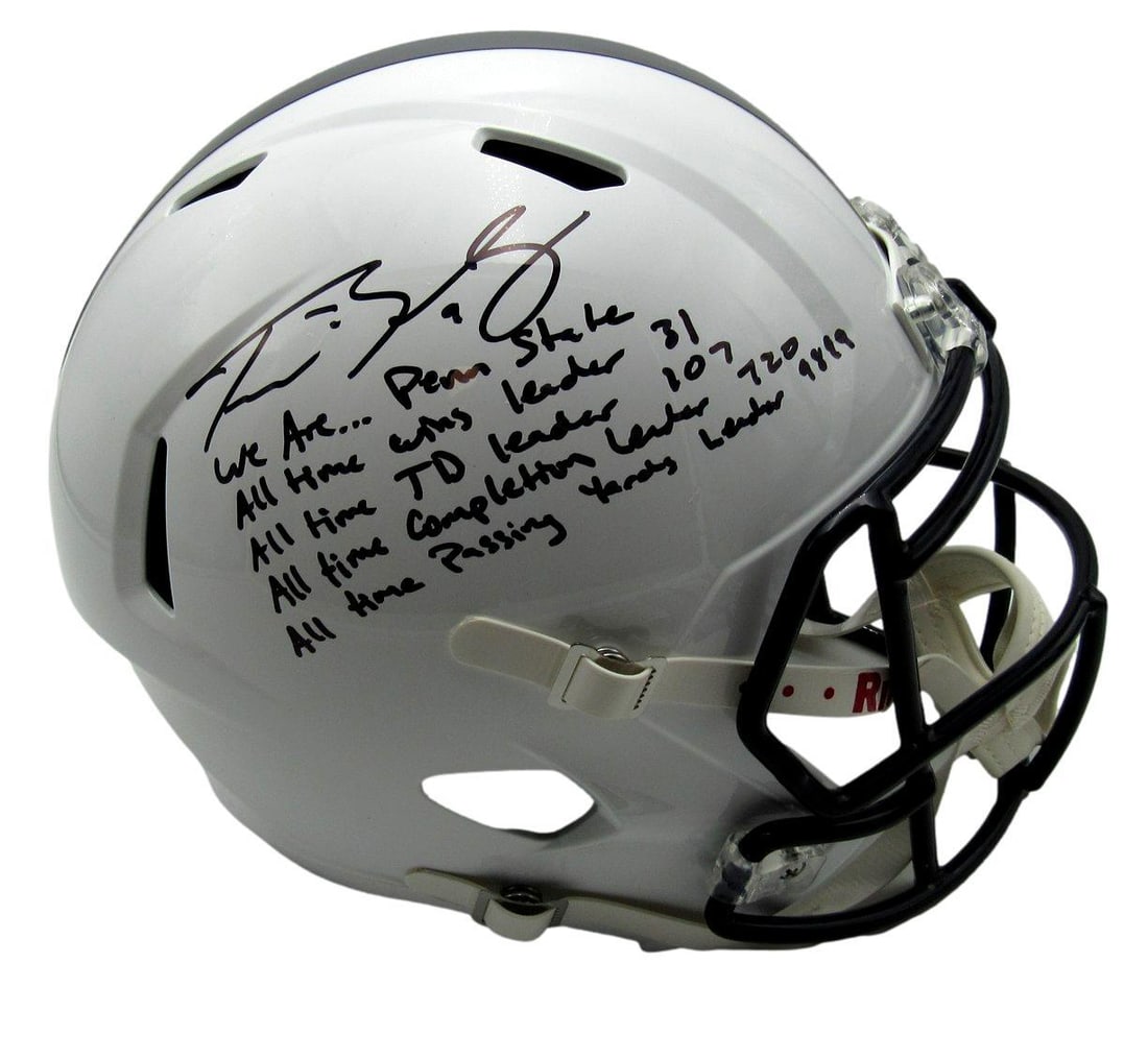 Trace McSorley Signed/ Ins Full Size Speed Replica Football Helmet PSU JSA 190345: Trace McSorley Signed/ Ins Full Size Speed Replica Football Helmet PSU JSA 190345 Signed by Trace McSorley, this full-size speed replica football helmet is a unique collectible for fans of the NFL and