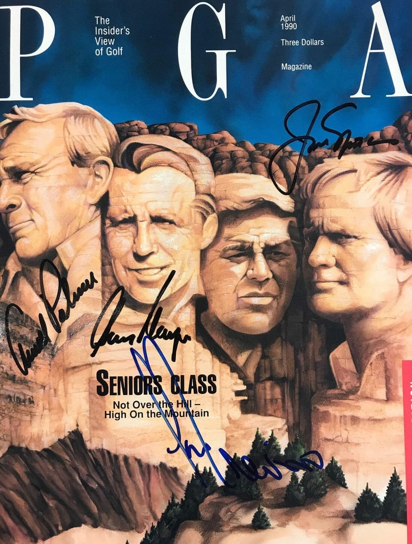Jack Nicklaus Arnold Palmer Gary Player Lee Trevino April 1990 PGA Program: Jack Nicklaus Arnold Palmer Gary Player Lee Trevino April 1990 PGA Program Signed across the front in black and blue sharpie, this April 1990 PGA Program features a rare and unique autograph from four