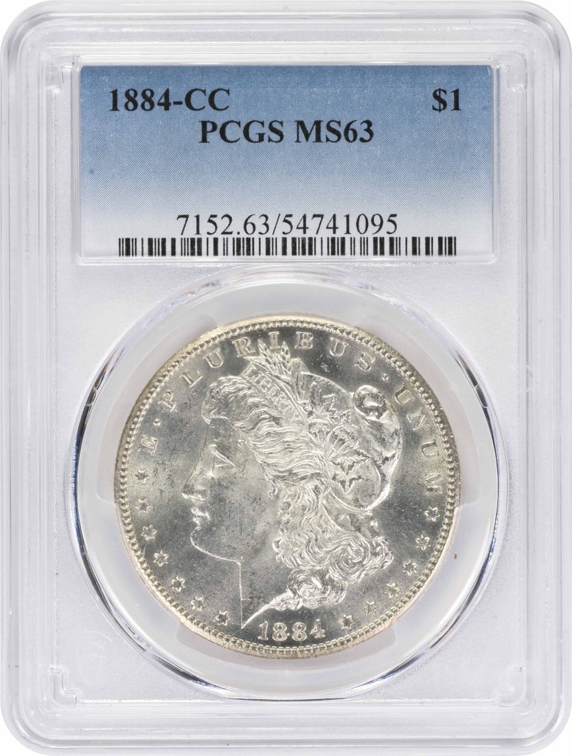 1884-CC Morgan Silver Dollar MS63 PCGS: 1884-CC Morgan Silver Dollar MS63 PCGS The 1884-CC Morgan Silver Dollar MS63 PCGS is a highly detailed and precise coin, certified by the PCGS as Uncirculated. With its 90% silver and 10% copper compo
