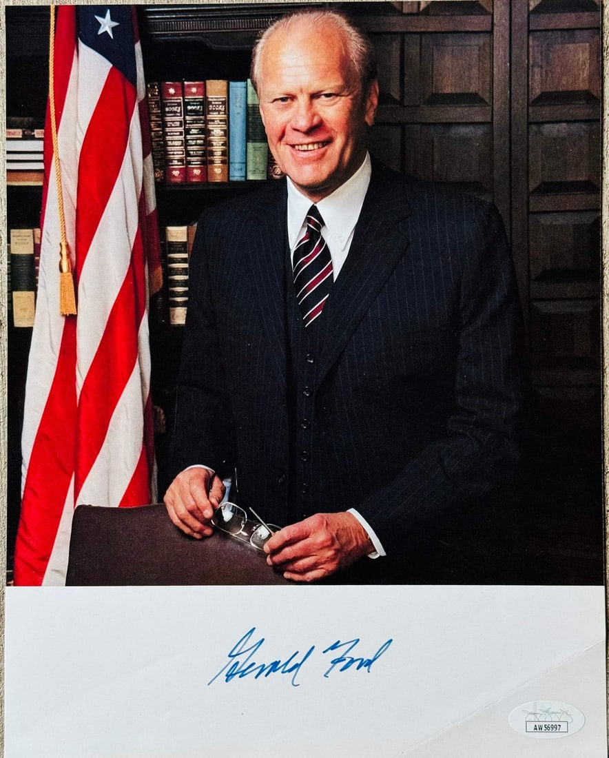 38th President Autographed 8x10 Photo Gerald Ford: 38th President Autographed 8x10 Photo Gerald Ford Signed in blue ink across the front of the photo, this 8x10 photo of Gerald Ford, the 38th President of the United States, bears the mark of authentic