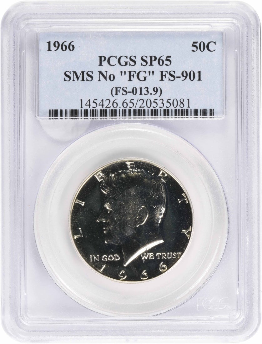 1966 Kennedy Silver Half Dollar SMS No "FG" FS-901 SP65 PCGS: 1966 Kennedy Silver Half Dollar SMS No "FG" FS-901 SP65 PCGS The 1966 Kennedy Silver Half Dollar SMS No "FG" FS-901 is a highly sought-after coin featuring a unique strike type and a silver compositio