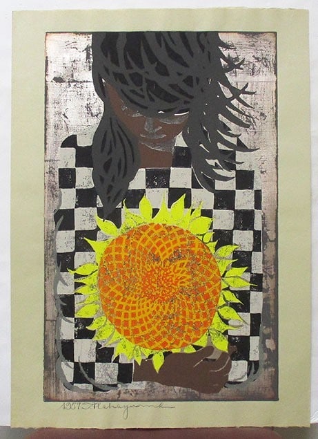 Hand signed Japanese girl with sunflower woodblock print 1957: Hand signed Japanese girl with sunflower woodblock print 1957 Item Specifics: Primary Material: Paper Color: Multi-Color Original/Reproduction: Vintage Original Region Of Origin: Japan Age: 1957 Maker