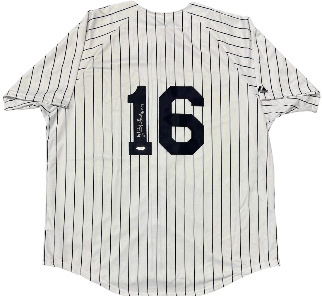 Whitey Ford Autographed New York Yankees Majestic Pinstripe Jersey (Tristar): Whitey Ford Autographed New York Yankees Majestic Pinstripe Jersey (Tristar) Whitey Ford's iconic pinstripe jersey, signed in silver paint pen across his jersey number with the inscription "HOF 74". T