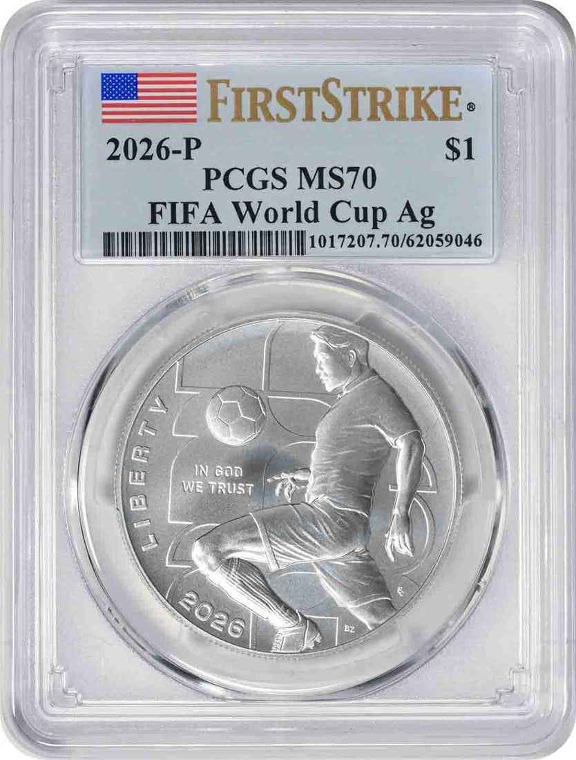FIFA World Cup Commemorative Silver Dollar MS70 First Strike PCGS: FIFA World Cup Commemorative Silver Dollar MS70 First Strike PCGS MS70 First Strike PCGS certified FIFA World Cup Commemorative Silver Dollar is a highly detailed, first strike proof coin featuring a 