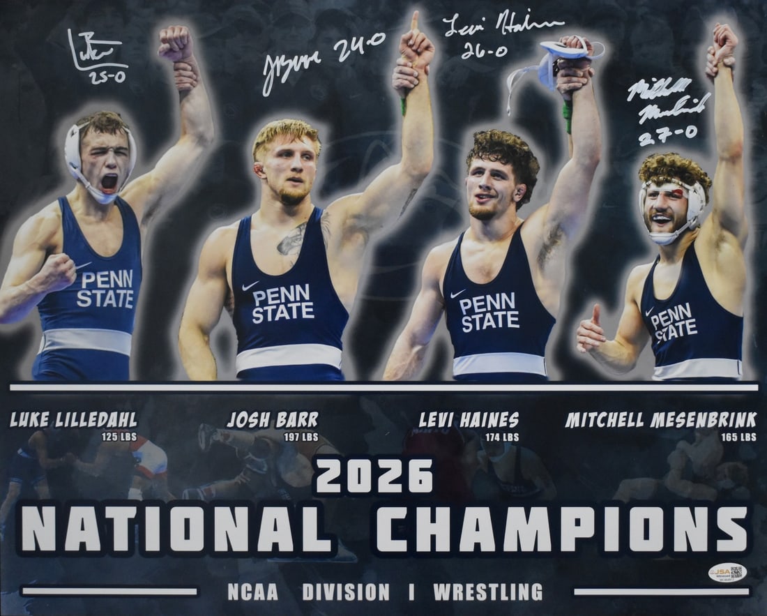 Penn State/ PSU Wrestling 2026 National Champs Signed x 4 16x20 Photo JSA 10002: Penn State/ PSU Wrestling 2026 National Champs Signed x 4 16x20 Photo JSA 10002 Item Specifics: Autograph Authentication: James Spence Authentication (JSA) Original/Reprint: Original Product: Photo Si