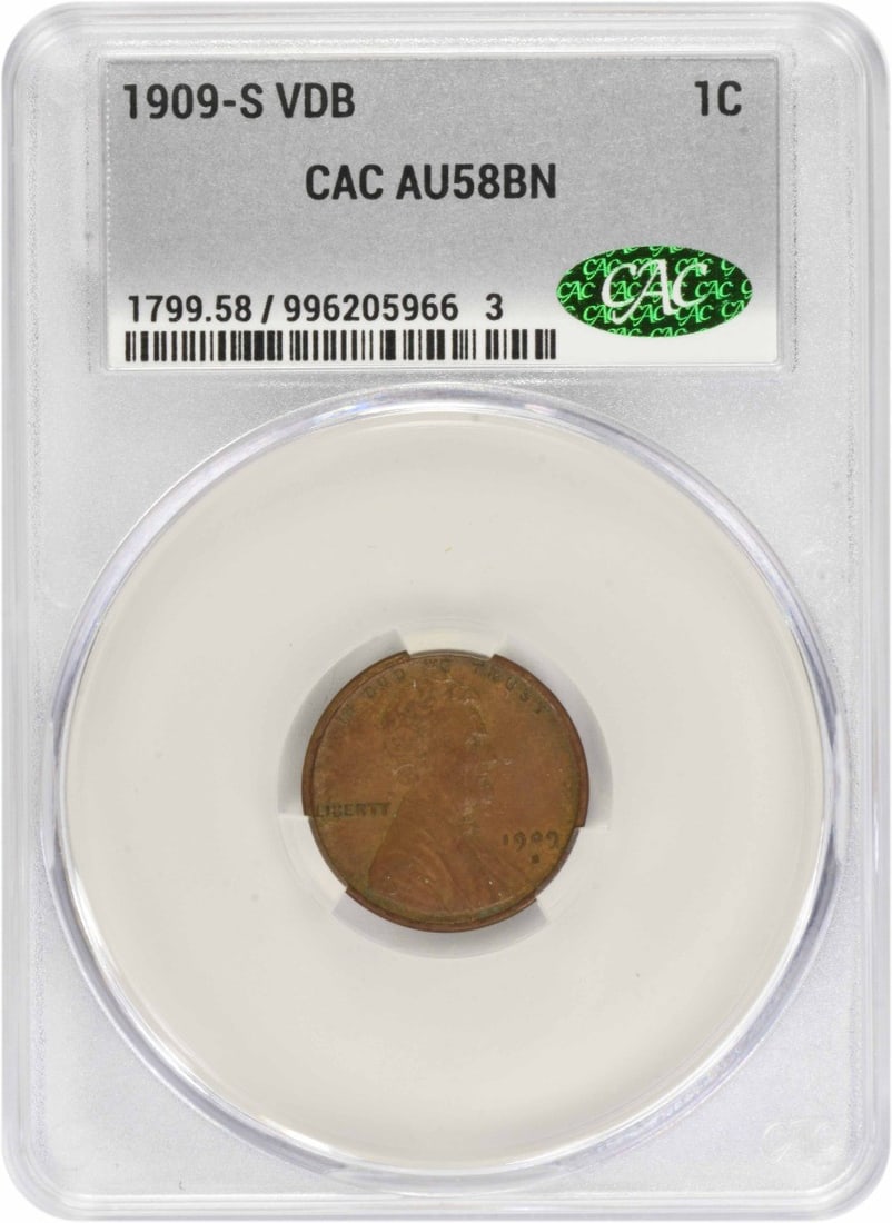 1909-S VDB Lincoln Cent AU58BN CACG: 1909-S VDB Lincoln Cent AU58BN CACG The 1909-S VDB Lincoln Cent AU58BN CACG is a circulated example of this iconic copper coin, bearing the signature of artist Victor David Brenner. Featuring the icon