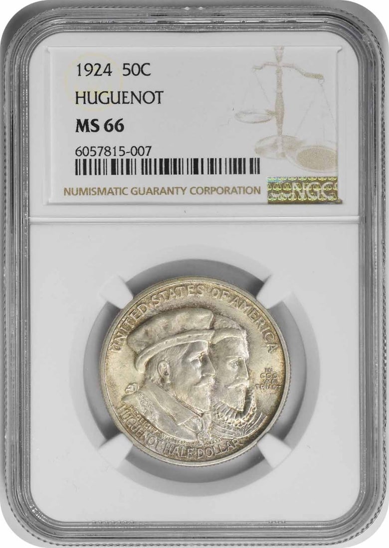 MS66 HUGUENOT HALF DOLLAR COMMEMORATIVE 1924: MS66 HUGUENOT HALF DOLLAR COMMEMORATIVE 1924 The MS66 Huguenot Half Dollar Commemorative 1924 is a highly graded, uncirculated coin with a rich history. Certified by the NGC, this coin boasts a grade 