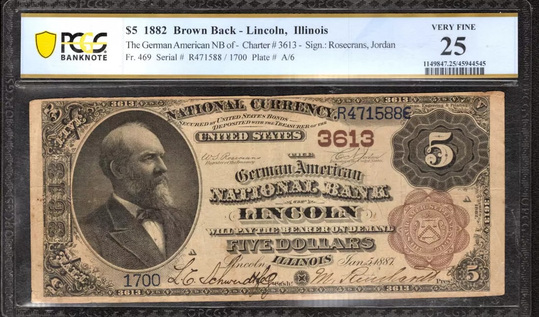 GERMAN AMERICAN NATIONAL BANK NOTE CURRENCY LINCOLN ILLINOIS 1882 VF 25: GERMAN AMERICAN NATIONAL BANK NOTE CURRENCY LINCOLN ILLINOIS 1882 VF 25 The 1882 $5 German American National Bank Note features a distinctive design with a portrait of a prominent figure, and bears a 