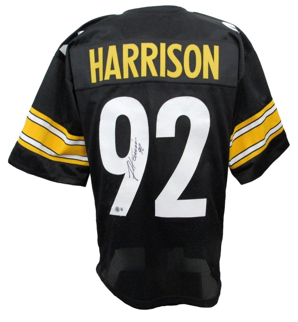 Harrison James Signed Beckett 194774 Autographed Steelers Custom Black Jersey: Harrison James Signed Beckett 194774 Autographed Steelers Custom Black Jersey Harrison James' autograph on this custom black Steelers jersey is a unique addition to any football fan's collection. The 