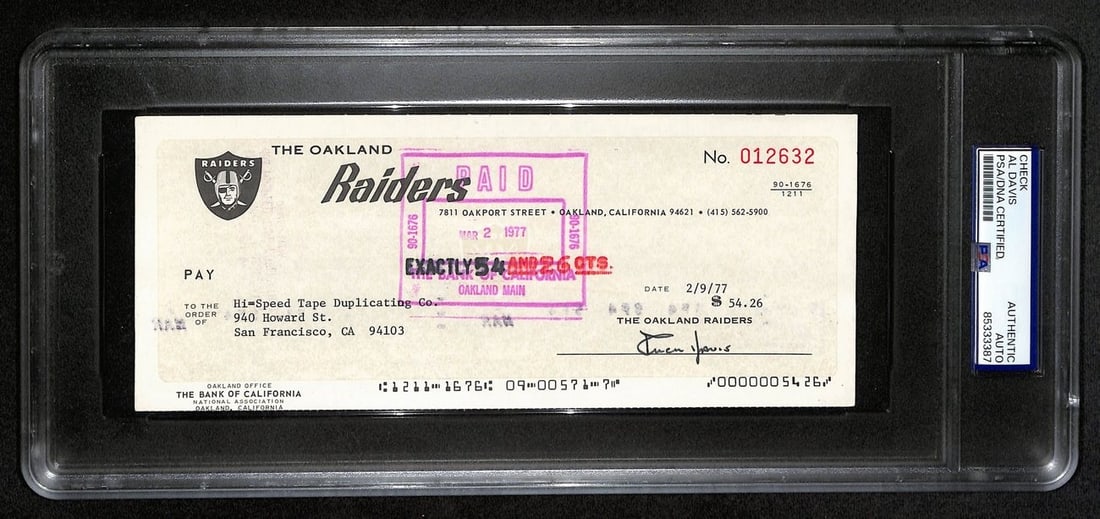 Al Davis HOF Signed/ Autographed 8.5x3.5 Bank Check Raiders PSA/ DNA 193233: Al Davis HOF Signed/ Autographed 8.5x3.5 Bank Check Raiders PSA/ DNA 193233 Item Specifics: Original/Reprint: Original Player: Al Davis Product: Check Signed: YES Sport: Football Product Disclaimer: N